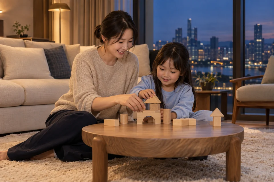 AI生成のケア場面イメージ：宿泊先のリビングで、シッターと子どもが低いテーブルの上で木の積み木を一緒に組み立てている様子
